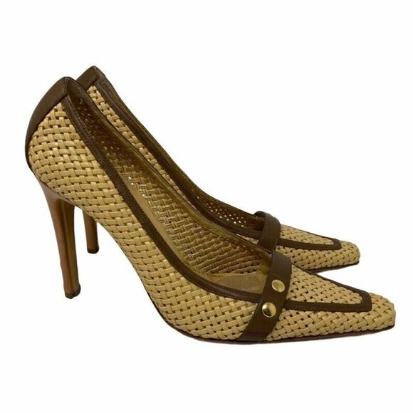 Casadei Pump Shoes Beige Leather Basket Weave 8 - Picture 1 of 9